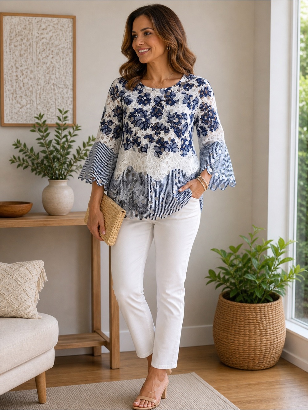 Chico’s Lace Blouse Blue White 00P/0-2 petite